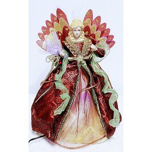 Blonde Angel Tree Topper Fiber Optic Light up Red Swirl Gold Dress Christmas